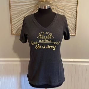 She is Strong Proverbs 31 Scripture Verse Shirt - Ladies Small/Medium